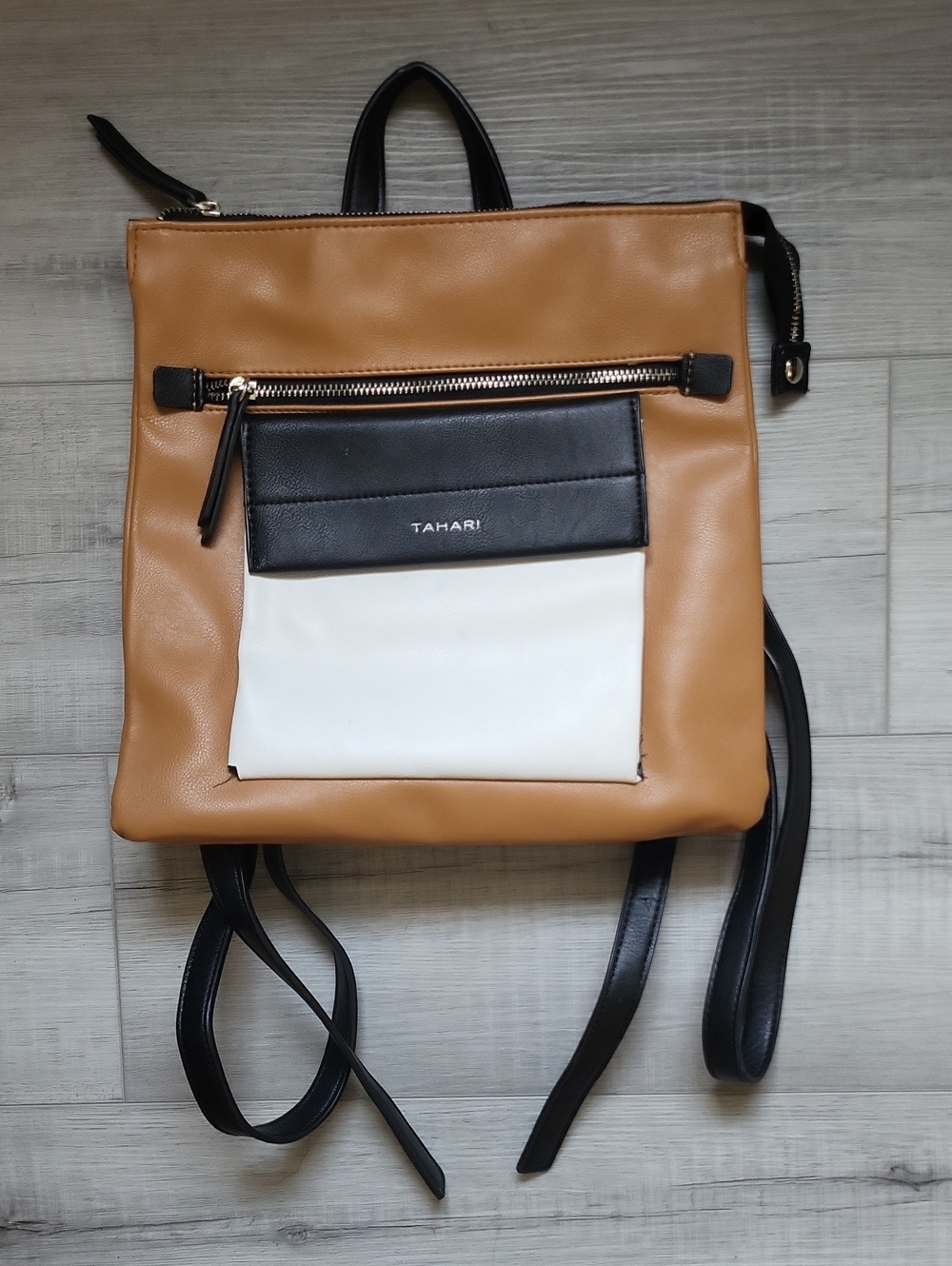 Tahari Tan, Black & White Colorblock Backpack